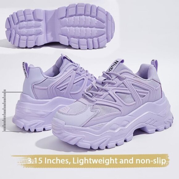 Women's Chunky Sneakers White Black Purple Platform Breathable Casual Lace Up - Picture 2 of 7